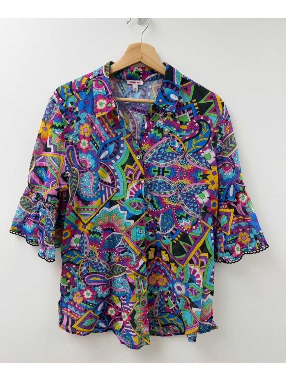 Johnny Was L Large Demarne Ruffle Sleeve Tunic Geometric Print Cotton Blouse Top